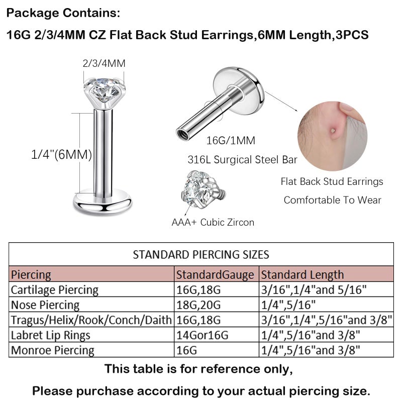 CANDYFANCY 16g 2/3/4mm Cubic Zirconia Triple Forward Helix Ear Cartilage Tragus Studs Earrings Lip Piercing 16 gauge (6mm Length Triple Stone Size Pack, Set Of 3.) - Image 4
